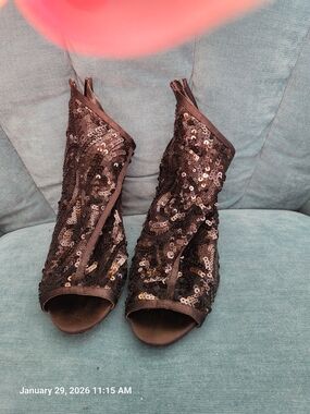 Audrey Brooke Black Sequin Open-Toe Booties